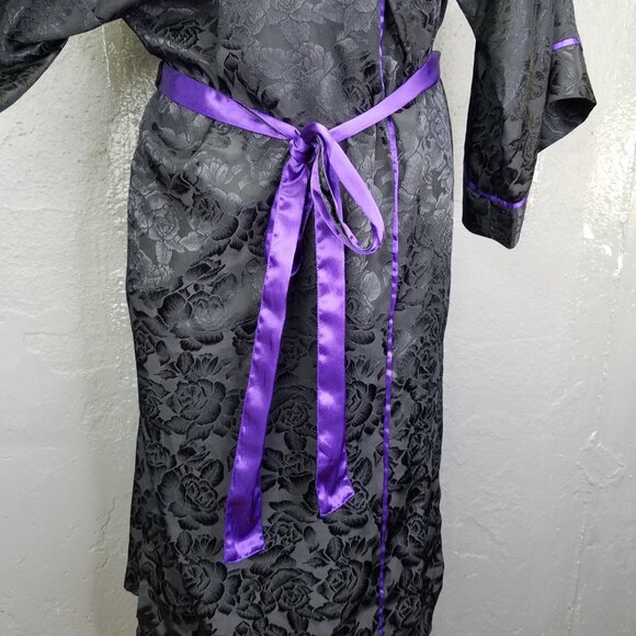 Vtg Victoria Secret Gold Label Robe One Size Satin Rose Black Purple Tie Kimono - Picture 4 of 15